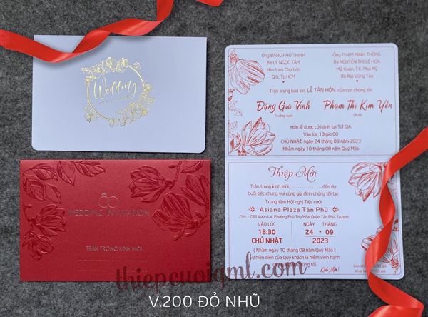 Thiệp cưới bế nổi 3D V200 đỏ nhũ