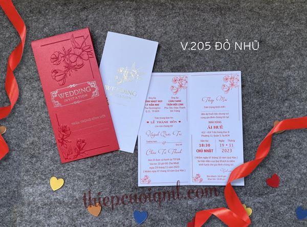 Thiệp cưới truyền thống V205 đỏ ánh kim