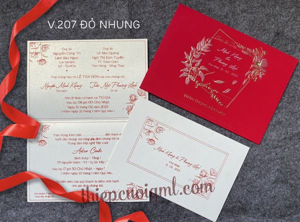 Thiệp cưới giấy ánh kim V207 màu đỏ nhung