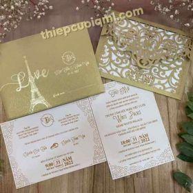 Thiệp cưới cắt laser 22U 1314 đồng ánh kim