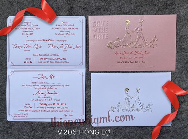 Thiệp cưới cô dâu chú rể V206 màu hồng