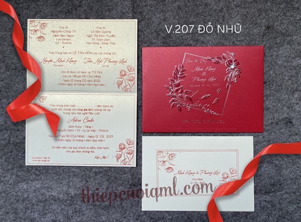 Thiệp cưới giấy ánh kim V207 màu đỏ ánh kim