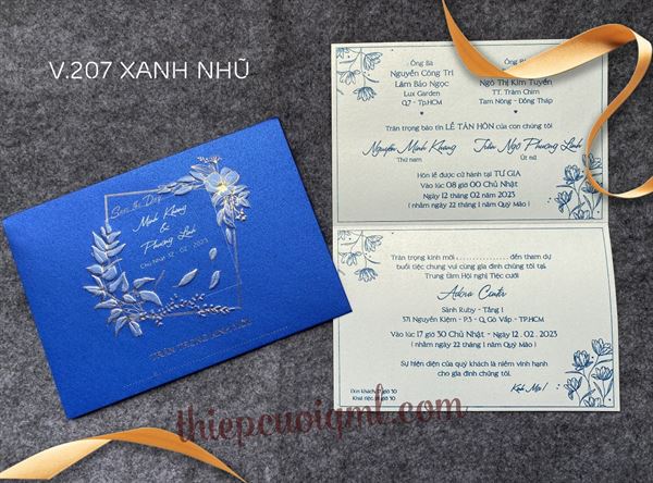 Thiệp cưới giấy ánh kim V207 màu xanh dương