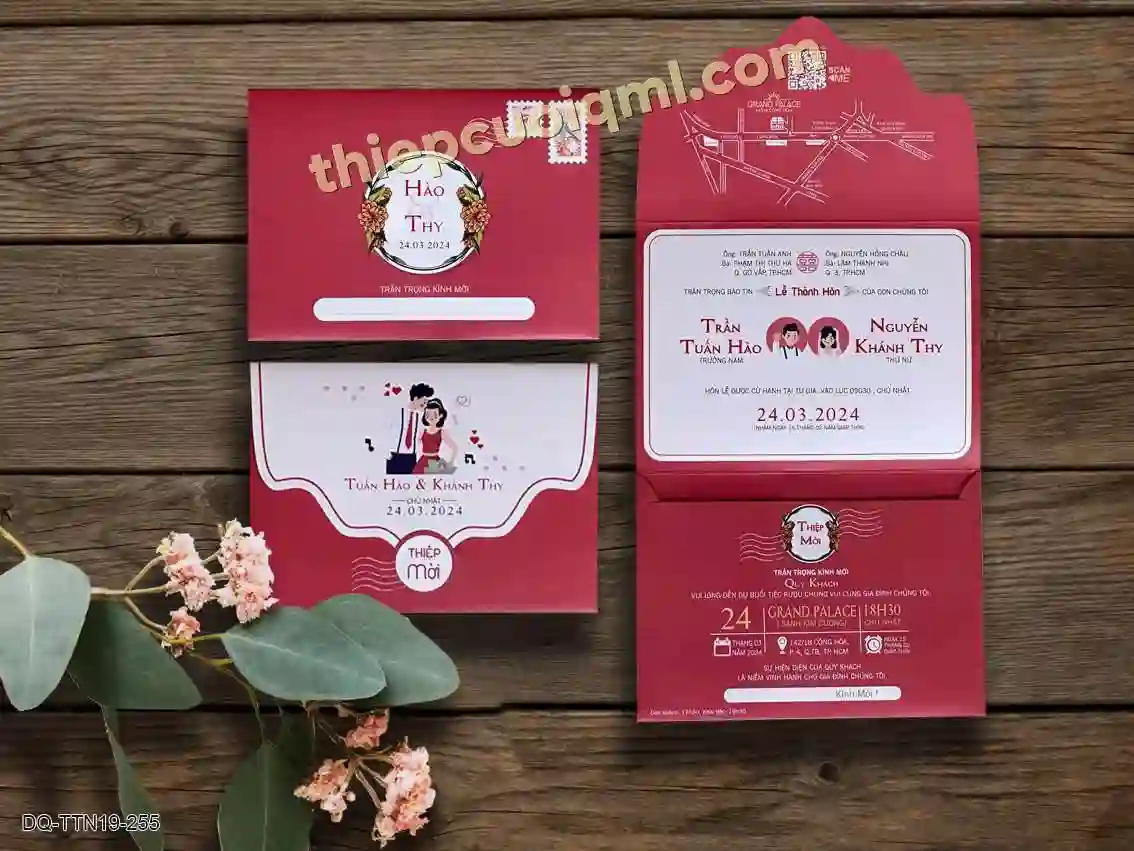 Thiệp cưới gấp 3 in kỹ thuật số, không dùng bao thư TTN19-255