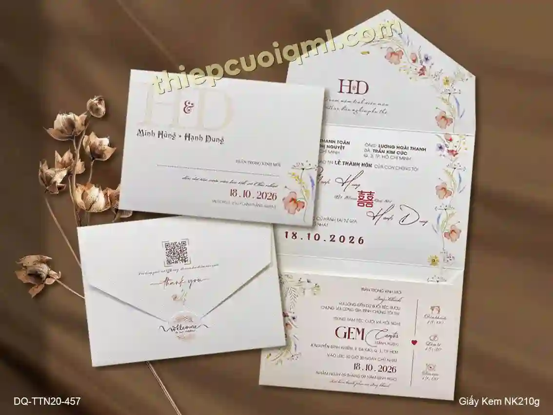 Thiệp cưới gấp 3 in kỹ thuật số, không dùng bao thư TTN20-457