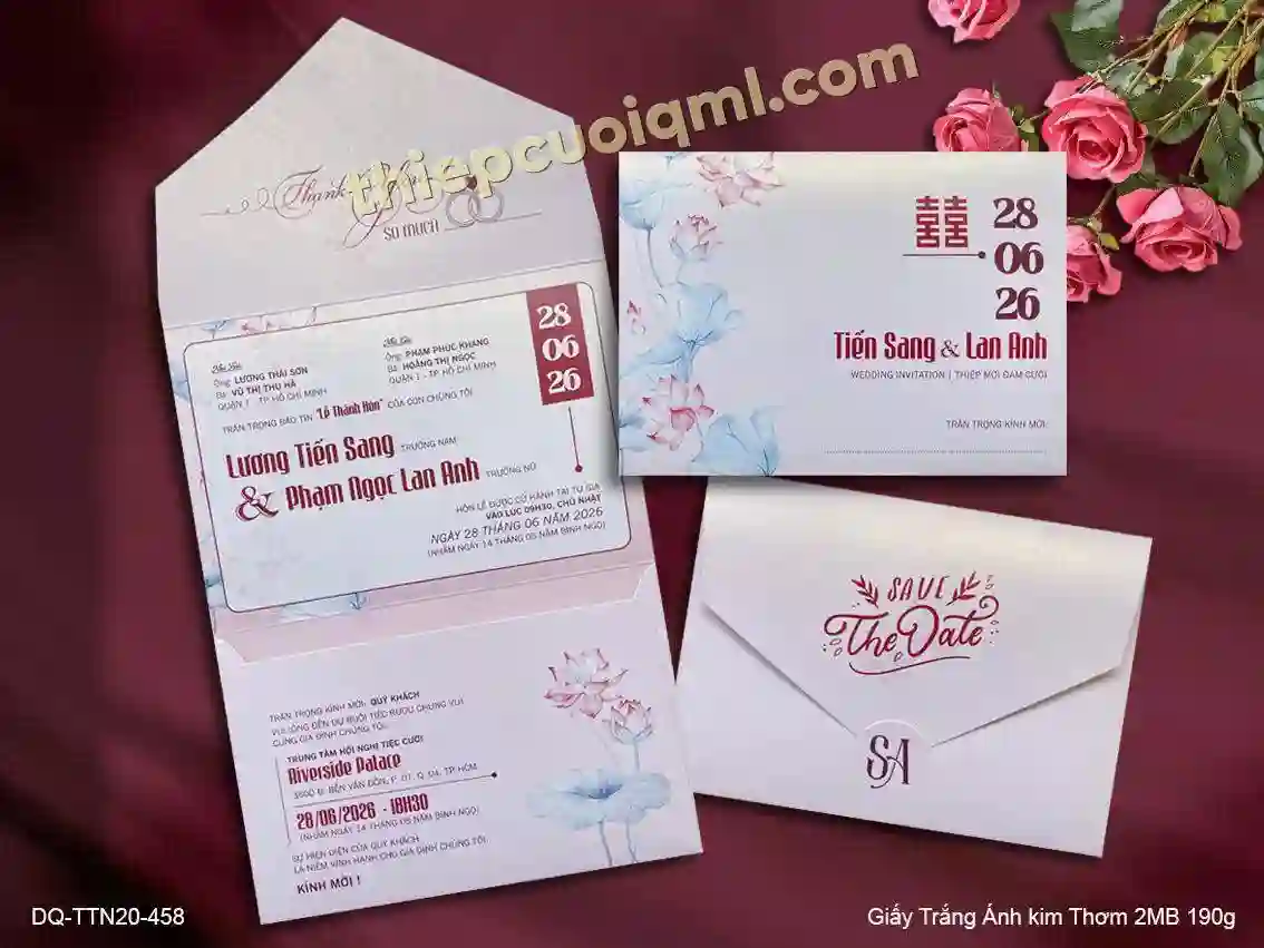 Thiệp cưới gấp 3 in kỹ thuật số, không dùng bao thư TTN20-458 CA MAY