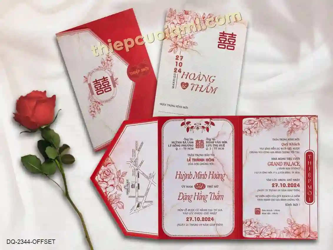 Thiệp cưới gấp 3 in offset, không dùng bao thư 2344