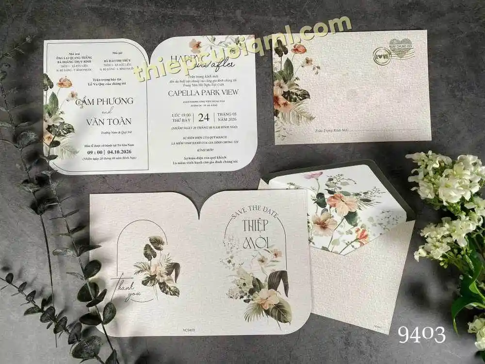Thiệp cưới màu kem ép kim y26-9403