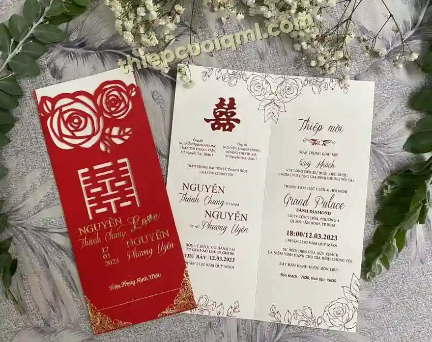 Mẫu thiệp cưới đẹp cắt laser SONG HỶ 22U 1312 đỏ nhung