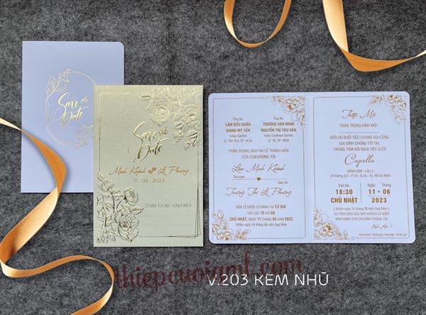 Thiệp cưới truyền thống V203 kem nhũ