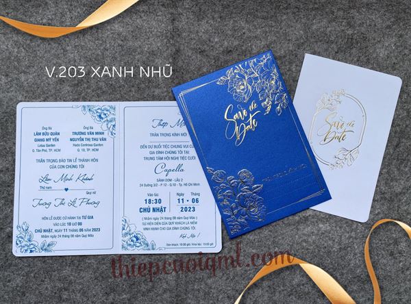 Thiệp cưới truyền thống V203 xanh nhũ