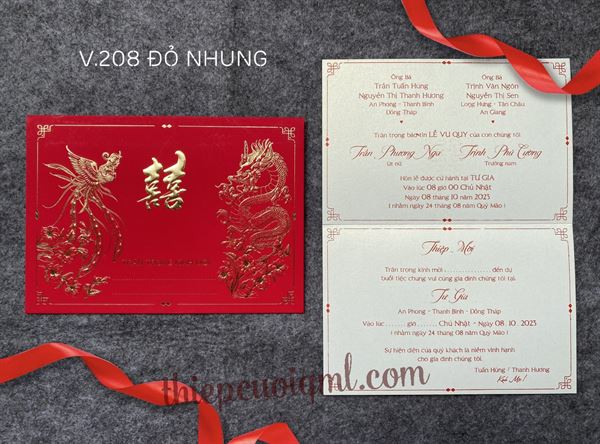 Thiệp cưới giấy ánh kim V208 màu đỏ nhung