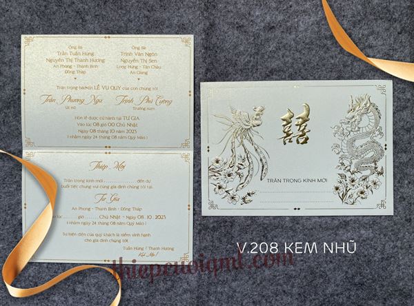 Thiệp cưới giấy ánh kim V208 màu kem