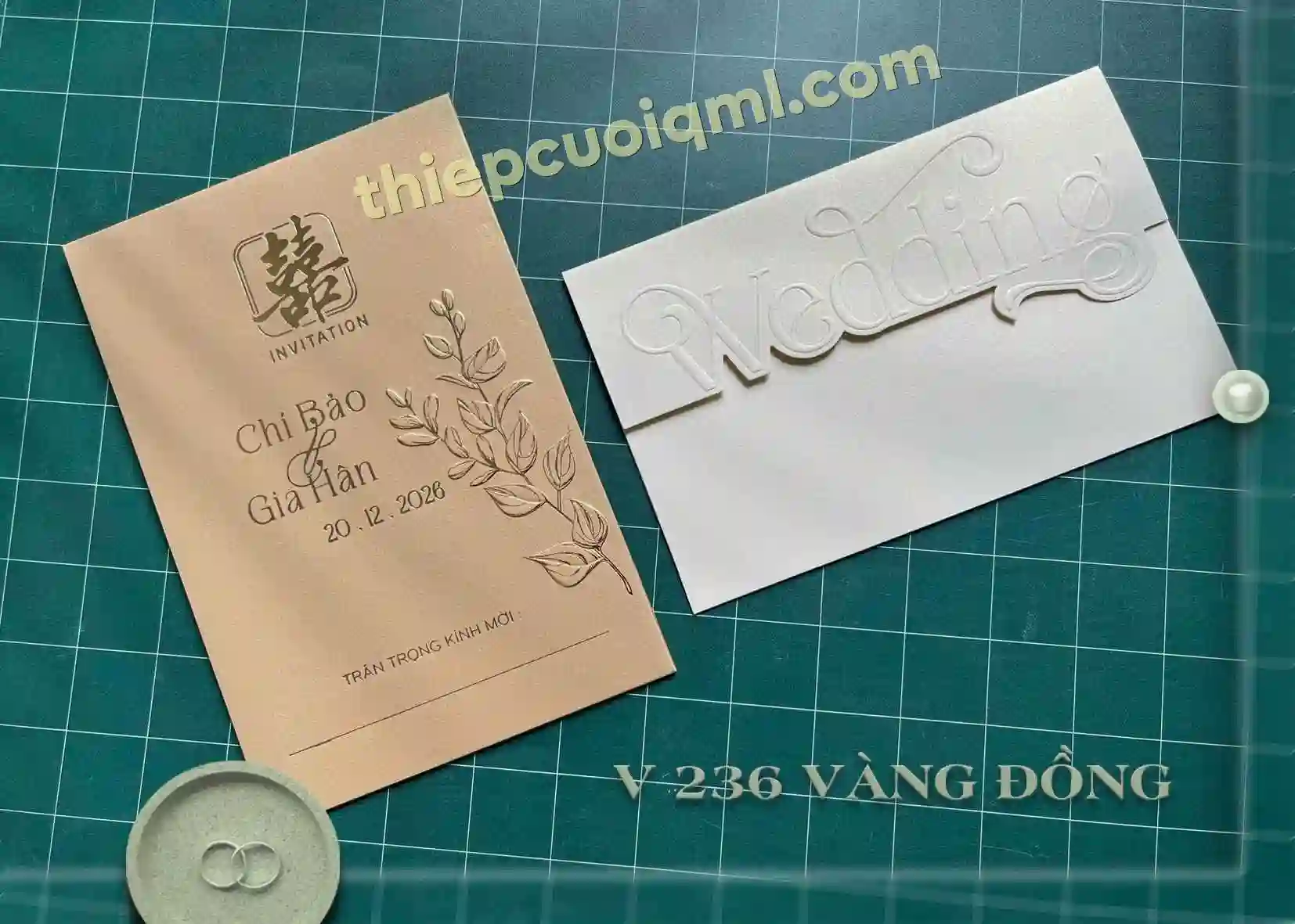 Thiệp cưới 3D Túi V236 Vàng Đồng