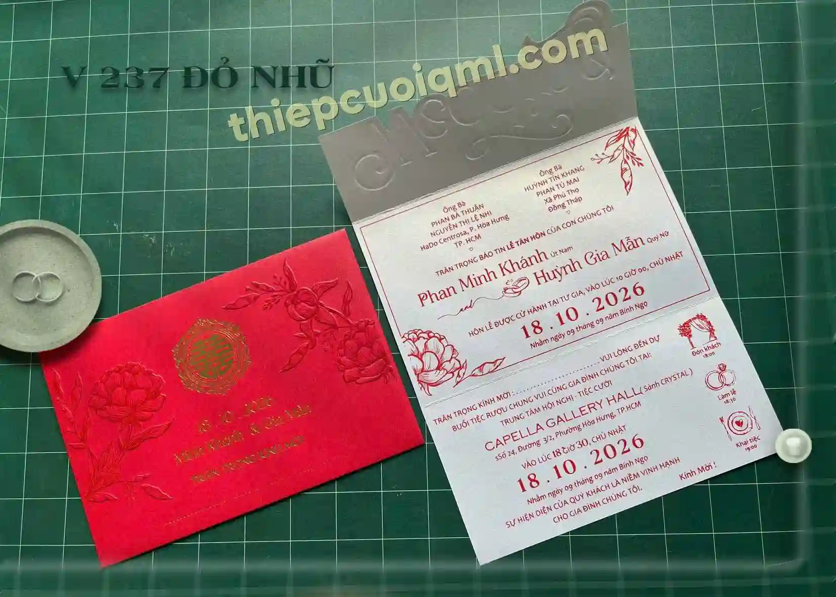 Thiệp cưới truyền thống V237 đỏ ánh kim